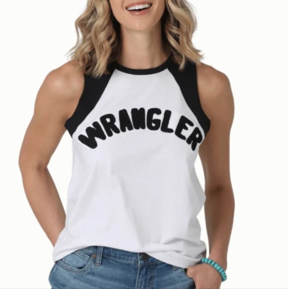 Wrangler Women's Black & White with Black Logo Lettering Sleeveless T-Shir